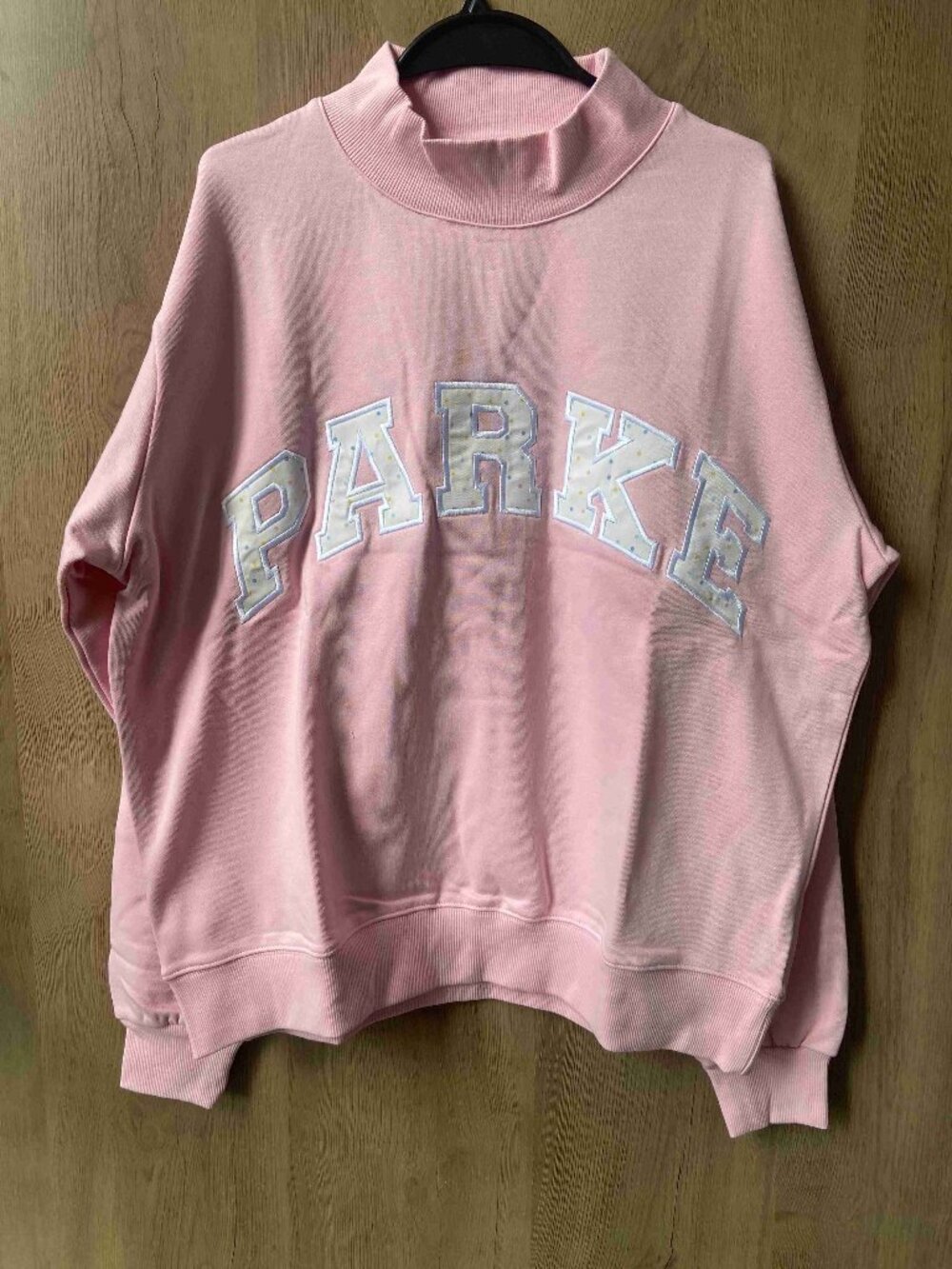 PARKE Confetti Letter Mock Neck Pullover Pink Casual Fleece Sweatshirt